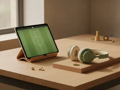 Ahşap stantta saha gösteren tablet ve adaçayı kulaklık